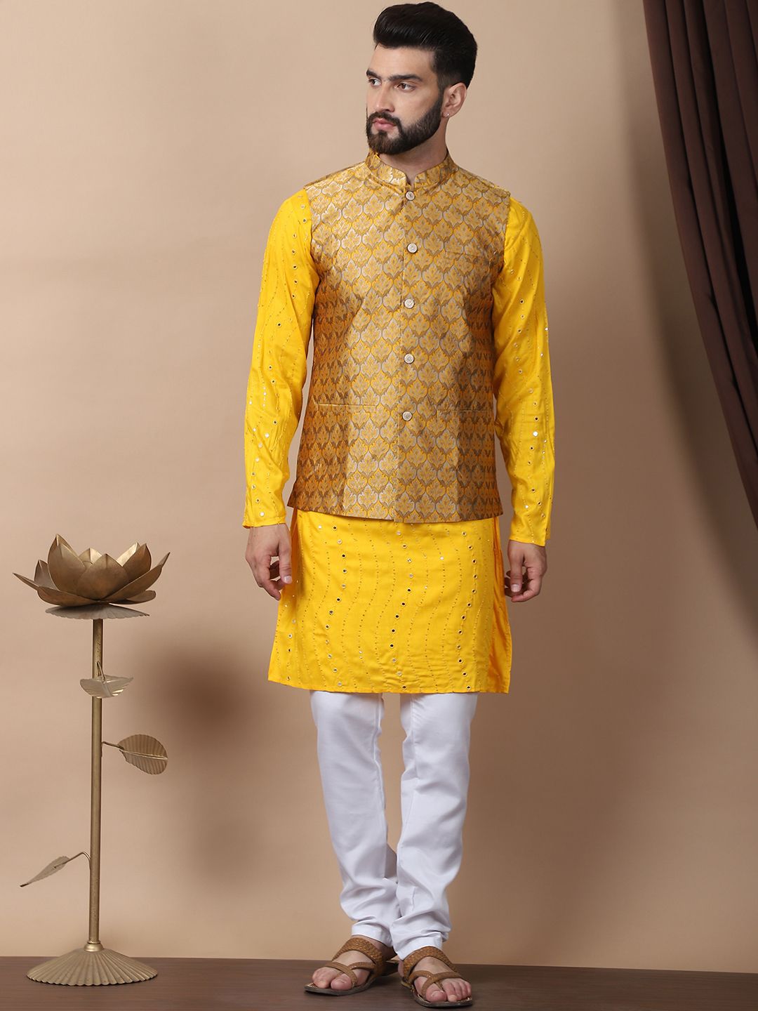 Anouk White Leheriya Embroidered Sequinned Pure Cotton Kurta with Churidar & Nehru Jacket