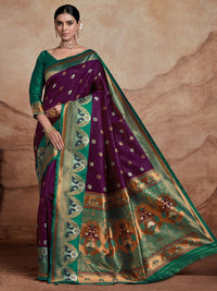 KALINI Woven Design Zari Silk Blend Paithani Saree With Blouse Piece