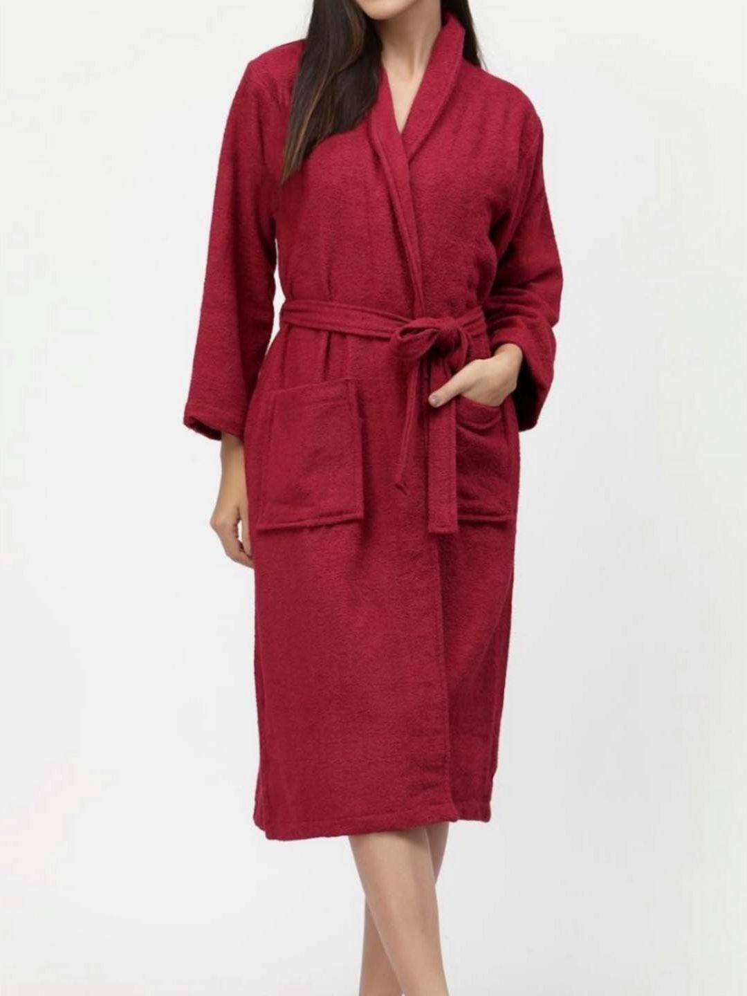 BOMBAY DYEING Maroon Pure Cotton Bath Robe With Waist belt