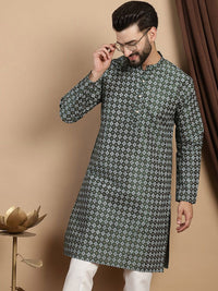 Kurta Lurus Kolar Mandarin Bercetak Motif Etnik Hijau Anouk