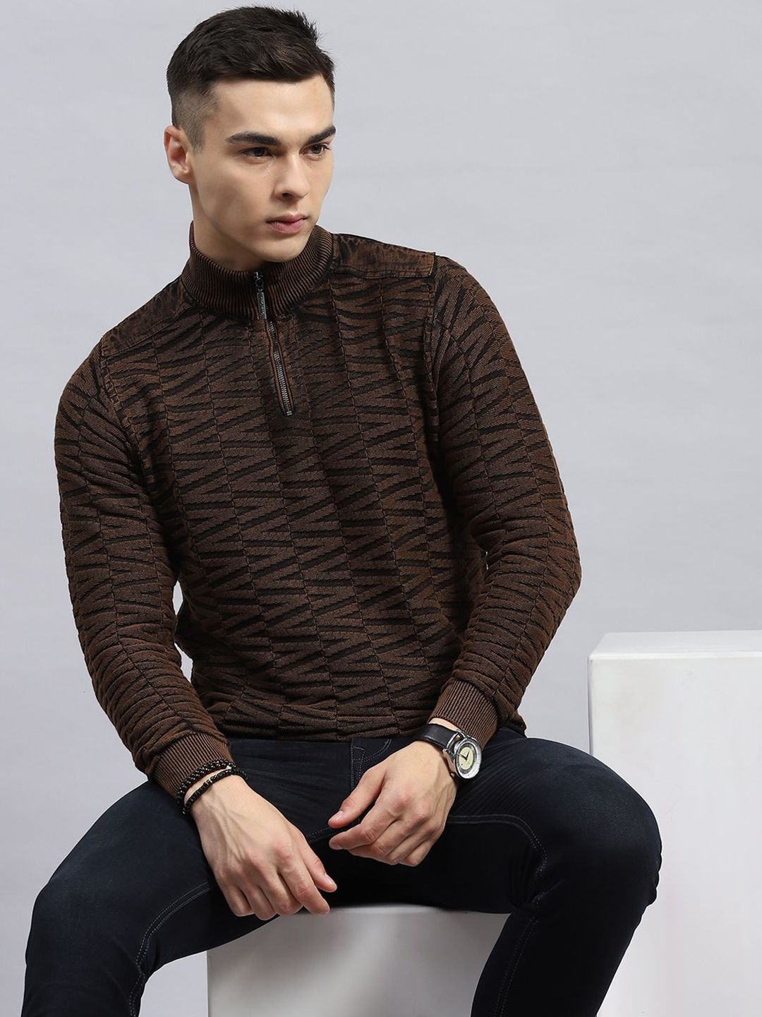 Monte Carlo Men Self Design High Neck Cotton Pullover Sweater