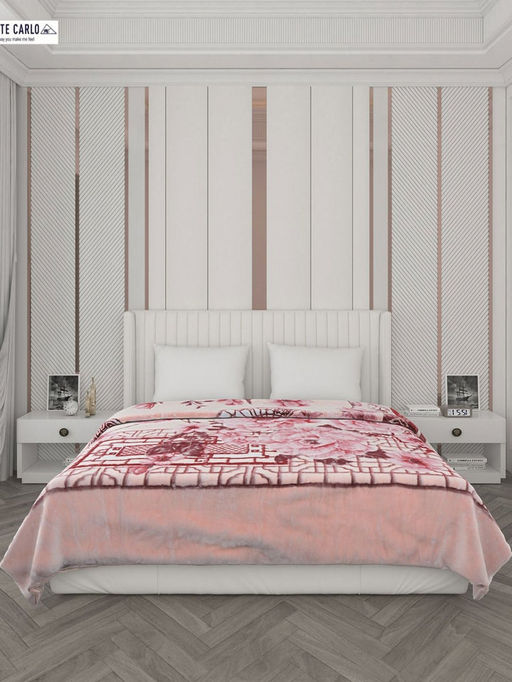 Monte Carlo Peach & White Floral Printed Heavy Winter 1000 GSM Double Bed Blankets