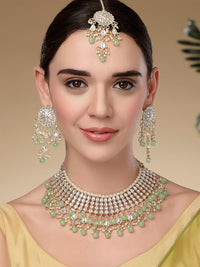 KARATCART Gold-Plated Lime-Green Kundan-Studded Choker Handcrafted Jewellery Set