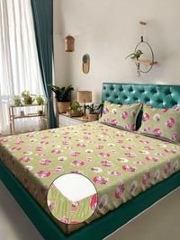 Myntra Elegant Homes Green Printed Pure Cotton 400TC Fitted King Bedsheet Set 2.5m X 2.25m