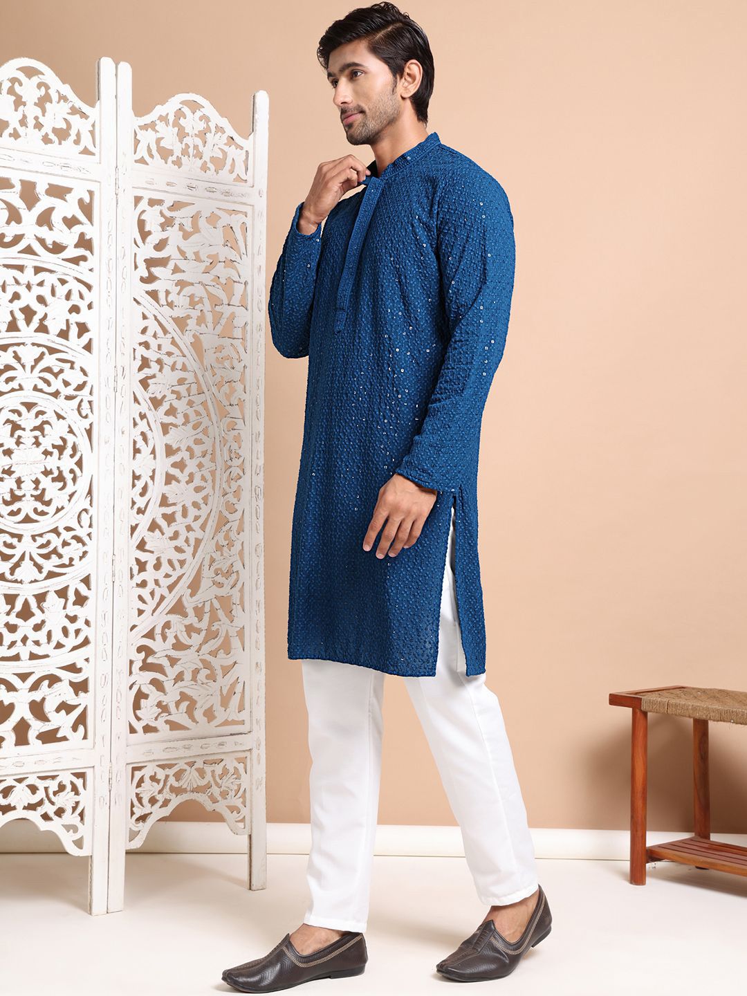 Anouk Men Embroidered Regular Sequinned Pure Cotton Kurta with Pyjamas