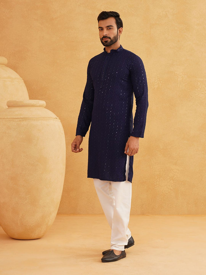 SOJANYA Chevron Embroidered Sequinned Mandarin Collar Pure Cotton Kurta With Churidar