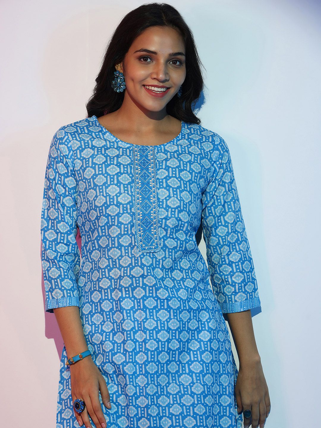 Libas Ethnic Motifs Printed Thread Work Pure Cotton Straight Kurta With Trousers & Dupatta