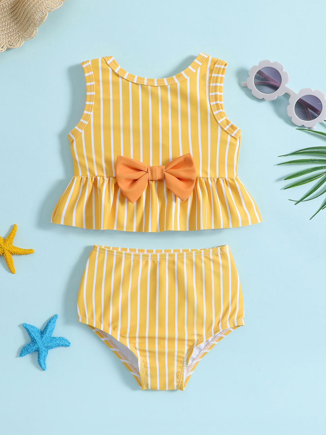 YK Girls Striped Round Neck Swim Bikini Set