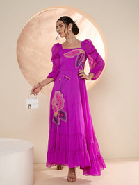 Antheaa Puff Sleeve Chiffon Emberoidered Maxi Dress