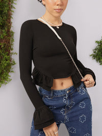 DressBerry Ruffle Charm Ribbed Bell Sleeve Crop Top