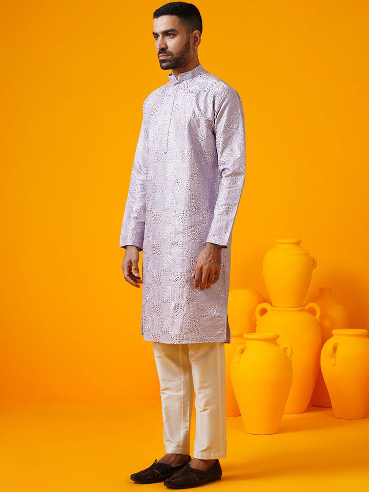SOJANYA LUXE Geometrik Sulam Kolar Mandarin Benang Kerja Kurta Lurus