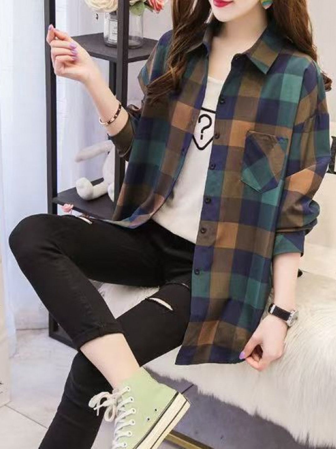 DressBerry Women Oversized Fit Buffalo Checked Spread Collar Casual Shirt