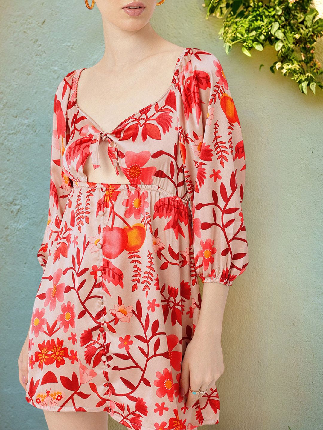 DressBerry Kawaii Chic Floral Printed Cut-Out A-Line Mini Dress