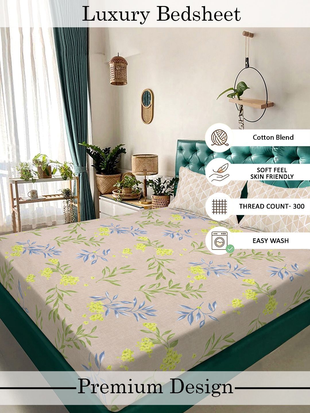 Myntra Elegant Homes Beige & Blue Floral 300 TC Cadar Katil King dengan 2 Sarung Bantal