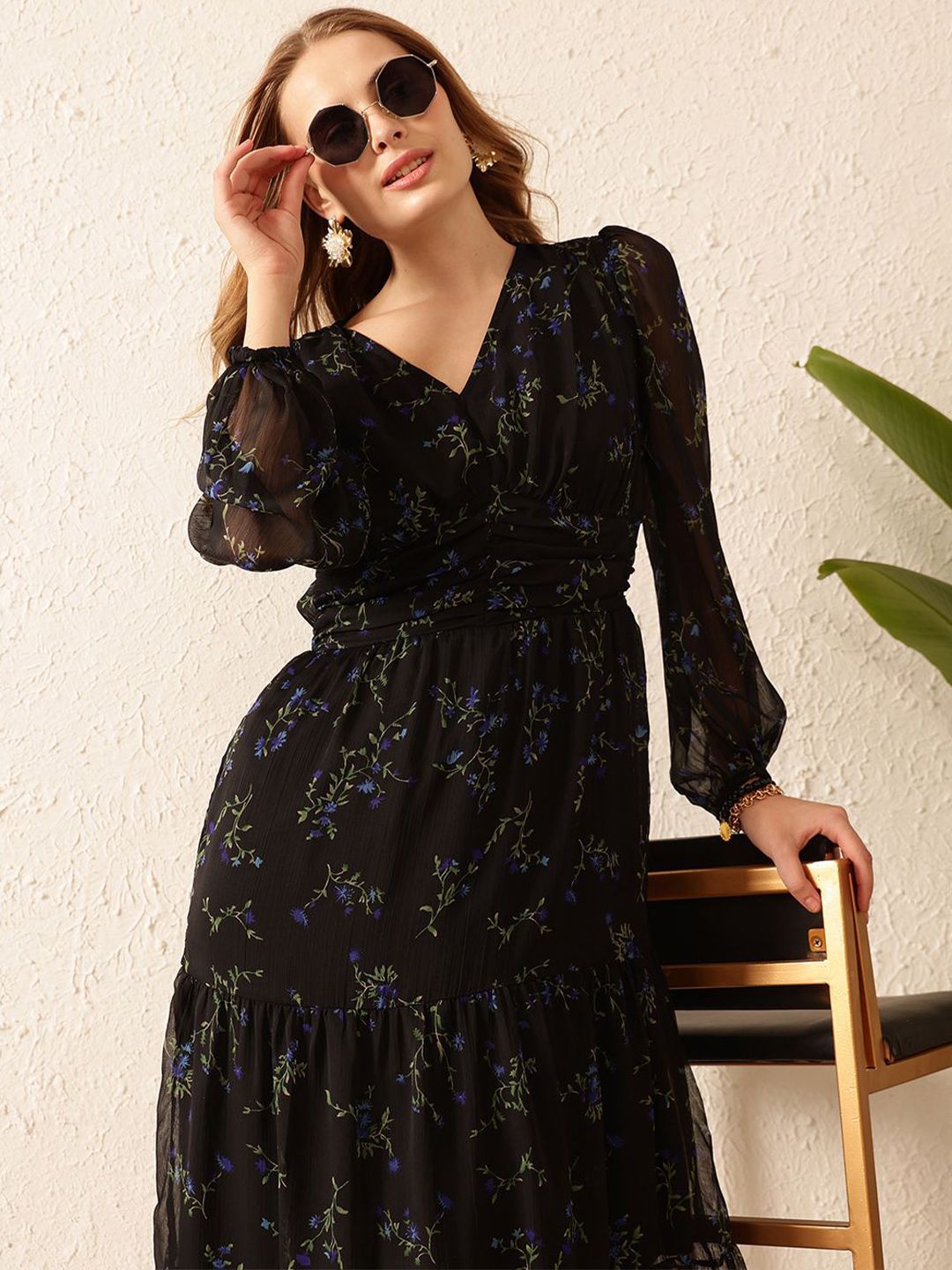 STREET 9 Floral Printed Puff Sleeves A-Line Midi Dress