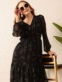 STREET 9 Floral Printed Puff Sleeves A-Line Midi Dress