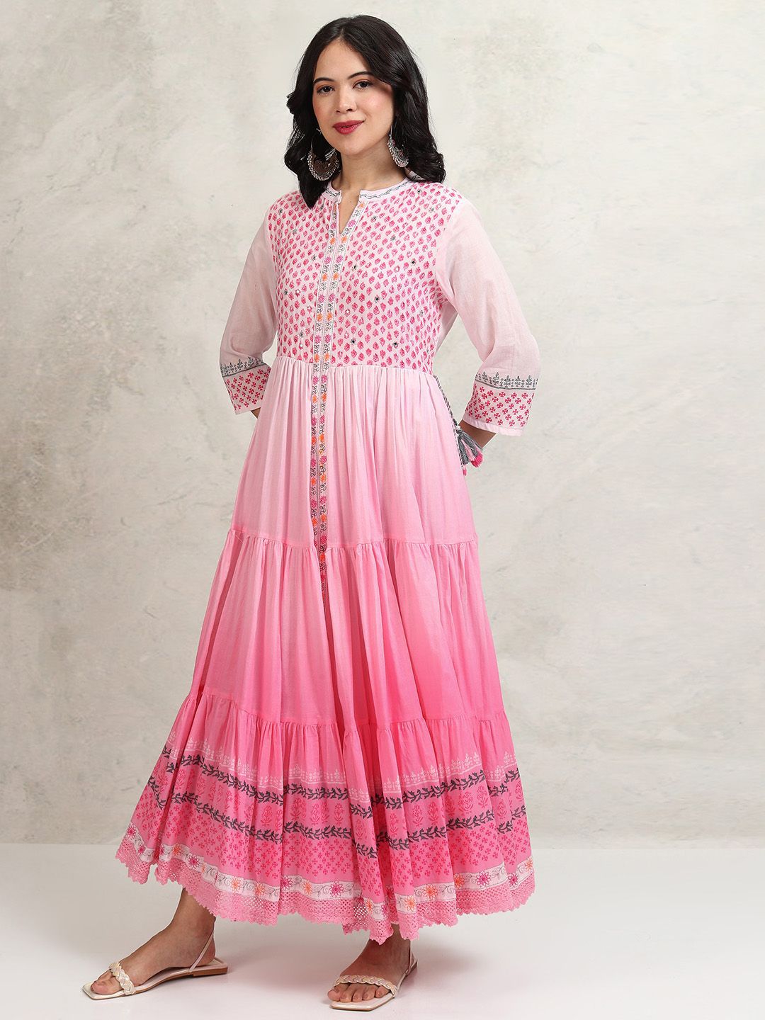 Vishudh Embroidered Ombre Tiered Maxi Ethnic Dress