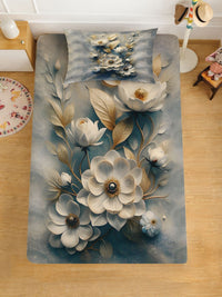 KLOTTHE Grey & White Floral Flat 400 TC Single 7D Bedsheet with 1 Pillow Covers