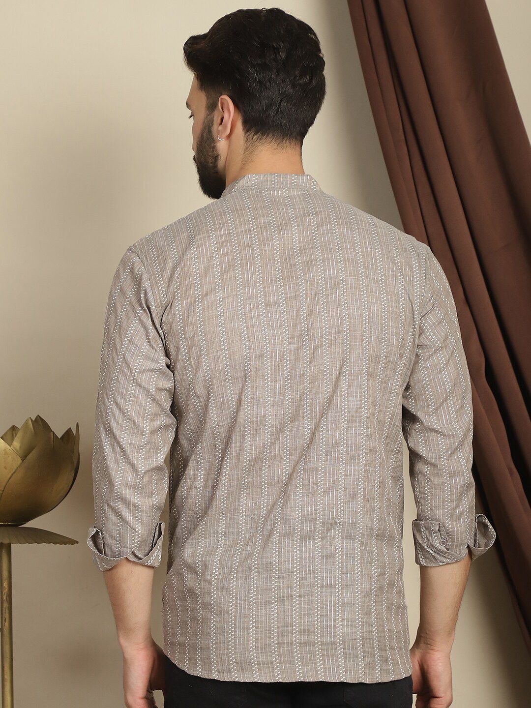 Anouk Brown Striped Woven Design Band Collar Long Sleeves Cotton Short Kurta