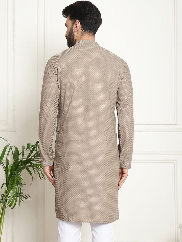 SOJANYA Motif Etnik Bersulam Kolar Mandarin Benang Kerja Kurta Lurus Kapas Tulen
