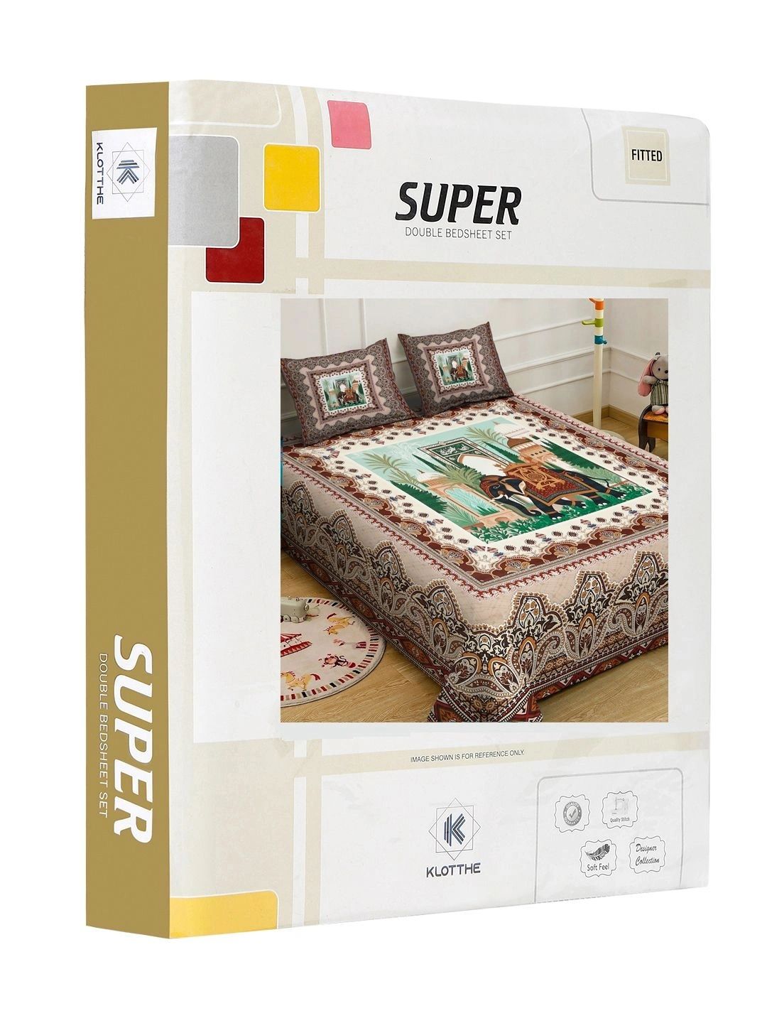 KLOTTHE Grey & Green Ethnic Motifs Printed Fitted 400 TC King 7D Bedsheet with 2 Pillow Covers