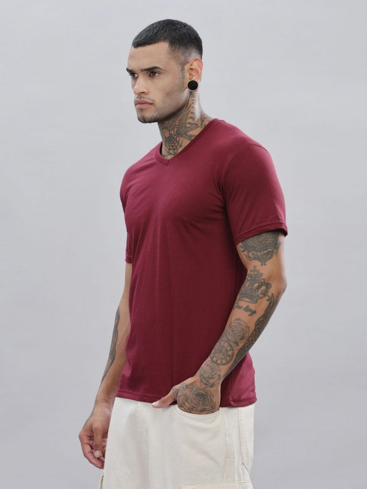ADRO Men Solid V-Neck Cotton T-shirt