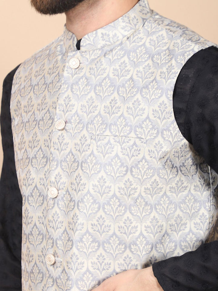 Anouk Black Floral Embroidered Thread Work Pure Cotton Kurta with Churidar & Nehru Jacket
