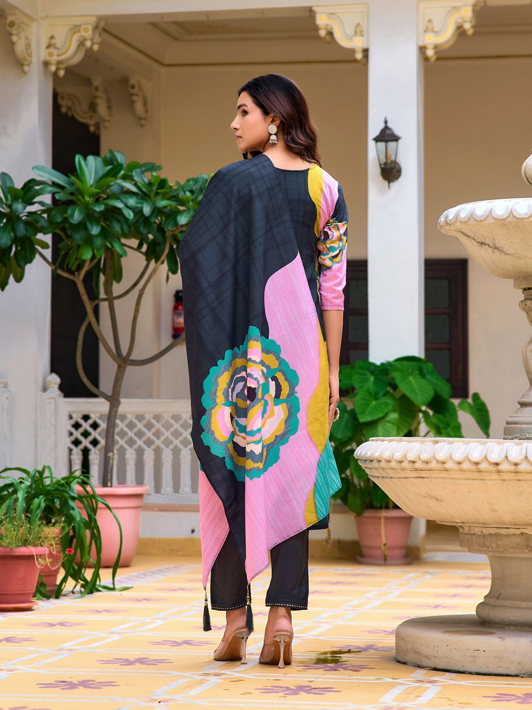 KALINI Floral Embroidered Thread Work Straight Kurta With Trousers & Dupatta