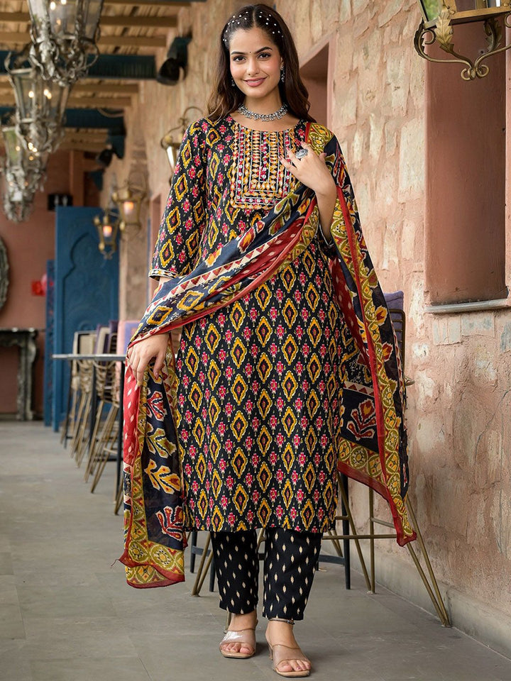 KALINI Geometric Printed Thread Work Straight Kurta With Trousers & Dupatta