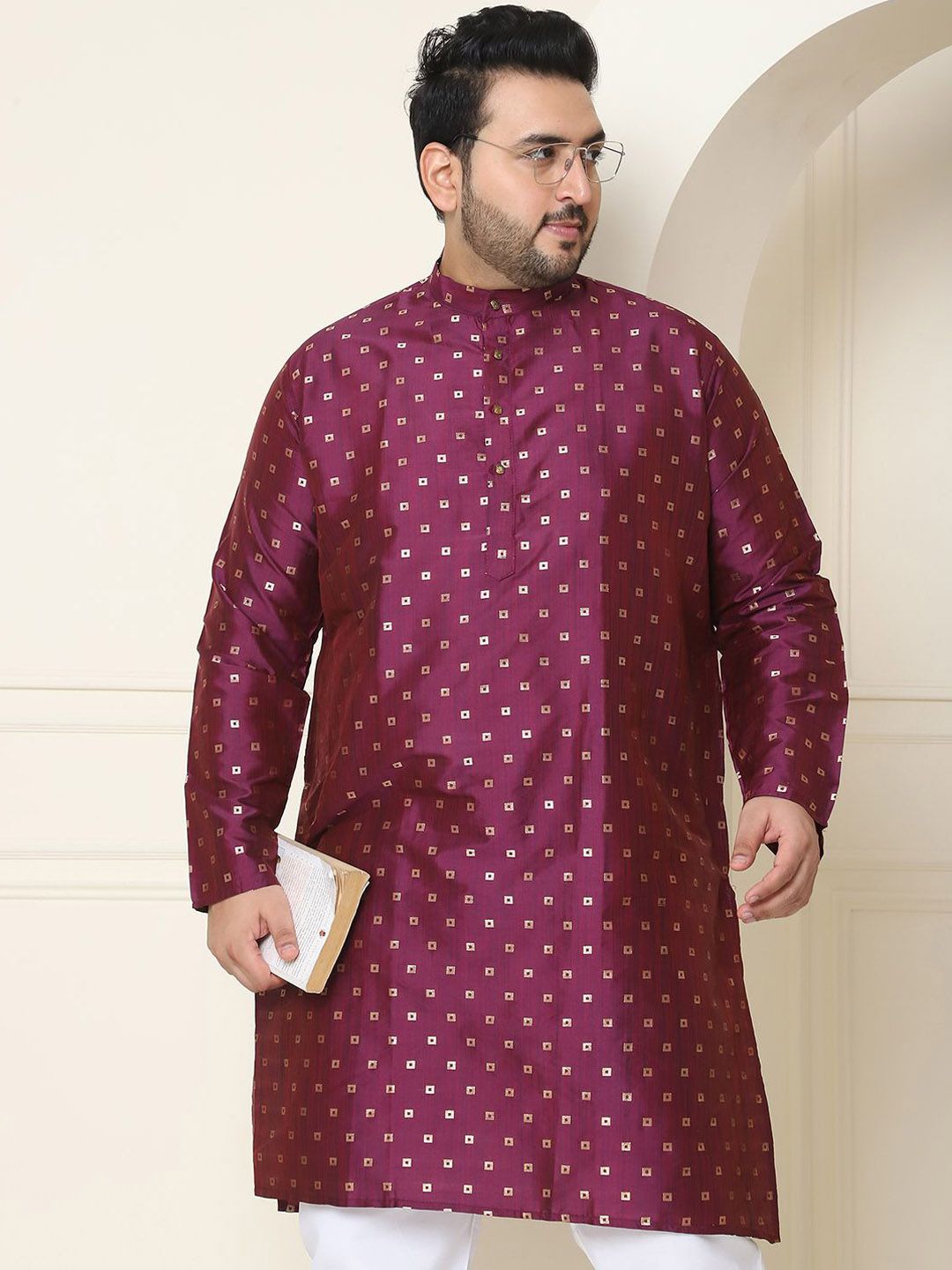 SOJANYA PLUS Ethnic Motifs Band Collar Straight Kurta With Pyjamas