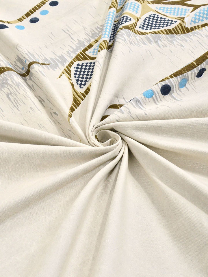 KLOTTHE Cream Color & Blue Printed 300 TC Double Bedsheet & 2 Pillow Covers-2.5 m x 2.25 m