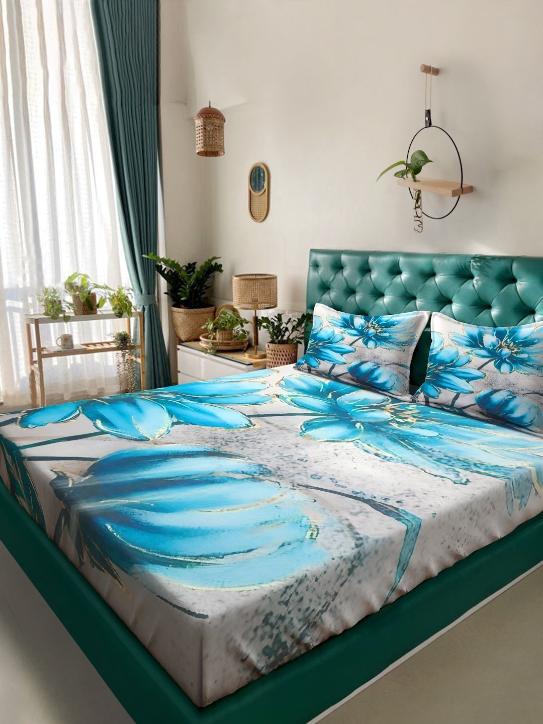 Myntra Elegant Homes Blue Floral 300 TC Super King Double Bedsheet dengan 2 Sarung Bantal