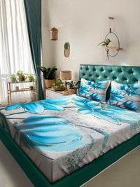 Myntra Elegant Homes Blue Floral 300 TC Super King Double Bedsheet dengan 2 Sarung Bantal
