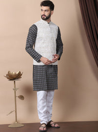 Kurta Kolar Mandarin Bercetak Motif Etnik Hitam Anouk dengan Jaket Churidar & Nehru