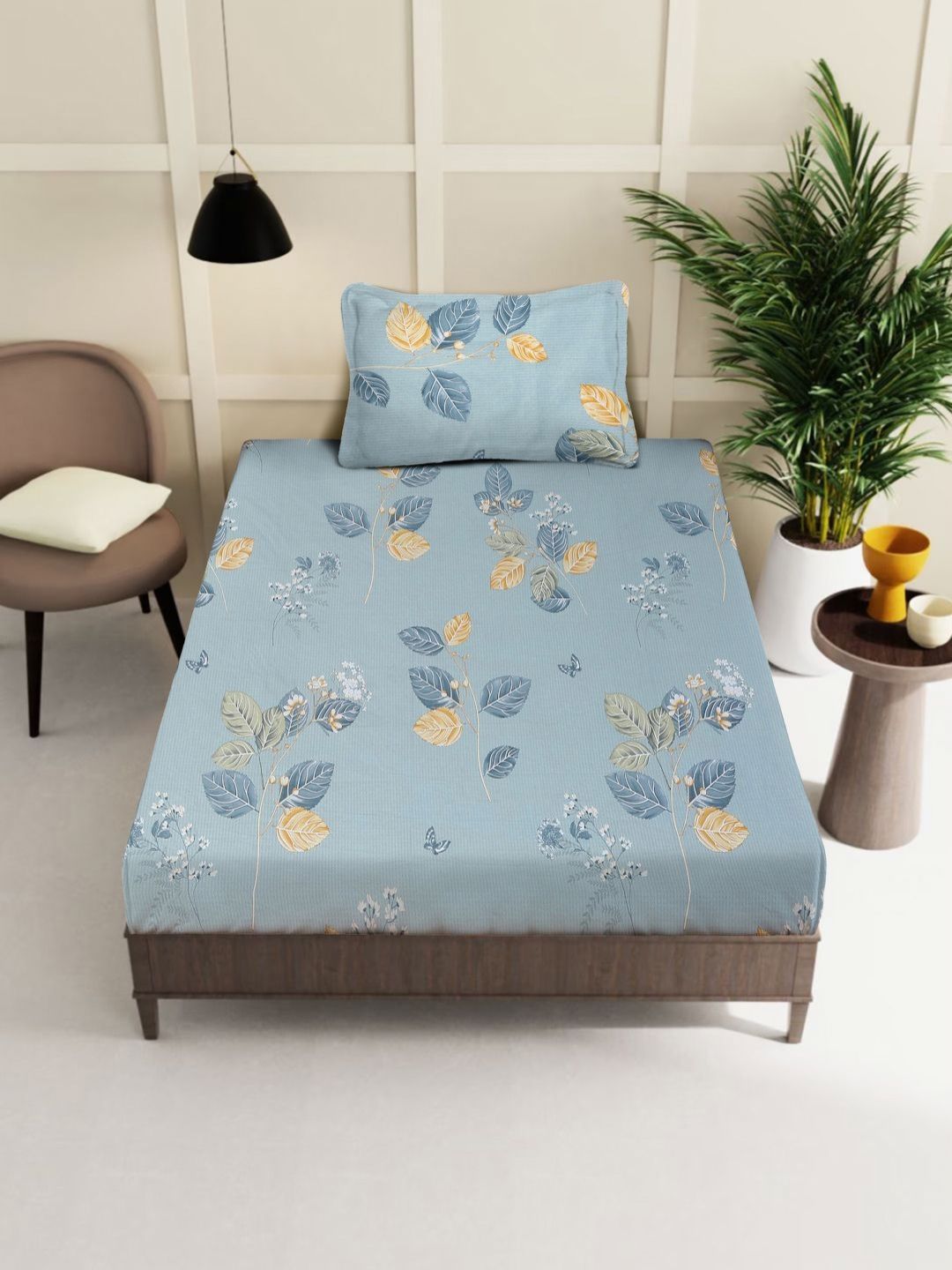 Myntra Elegant Homes Grey & Mustard Floral 400 TC Cadar Kapas Tunggal & 1 Sarung Bantal