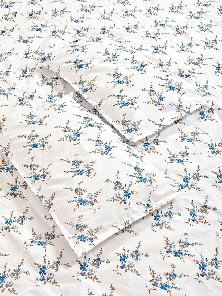 Myntra Elegant Homes White & Blue Floral 300 TC King Bedsheet with 2 Pillow Covers
