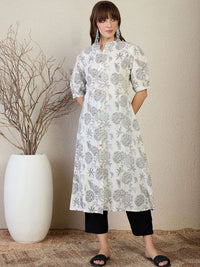 Indo Era Floral Printed Round Neck A-Line Kurta
