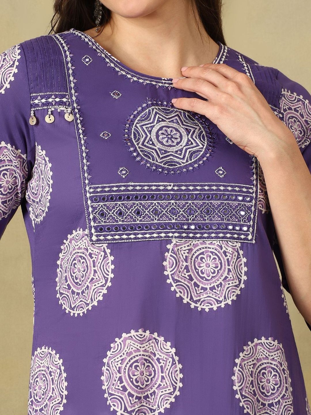 Mamicha Women Ethnic Motifs Printed Regular Mirror Work Pure Cotton Kurta with Trousers & With Dupatta