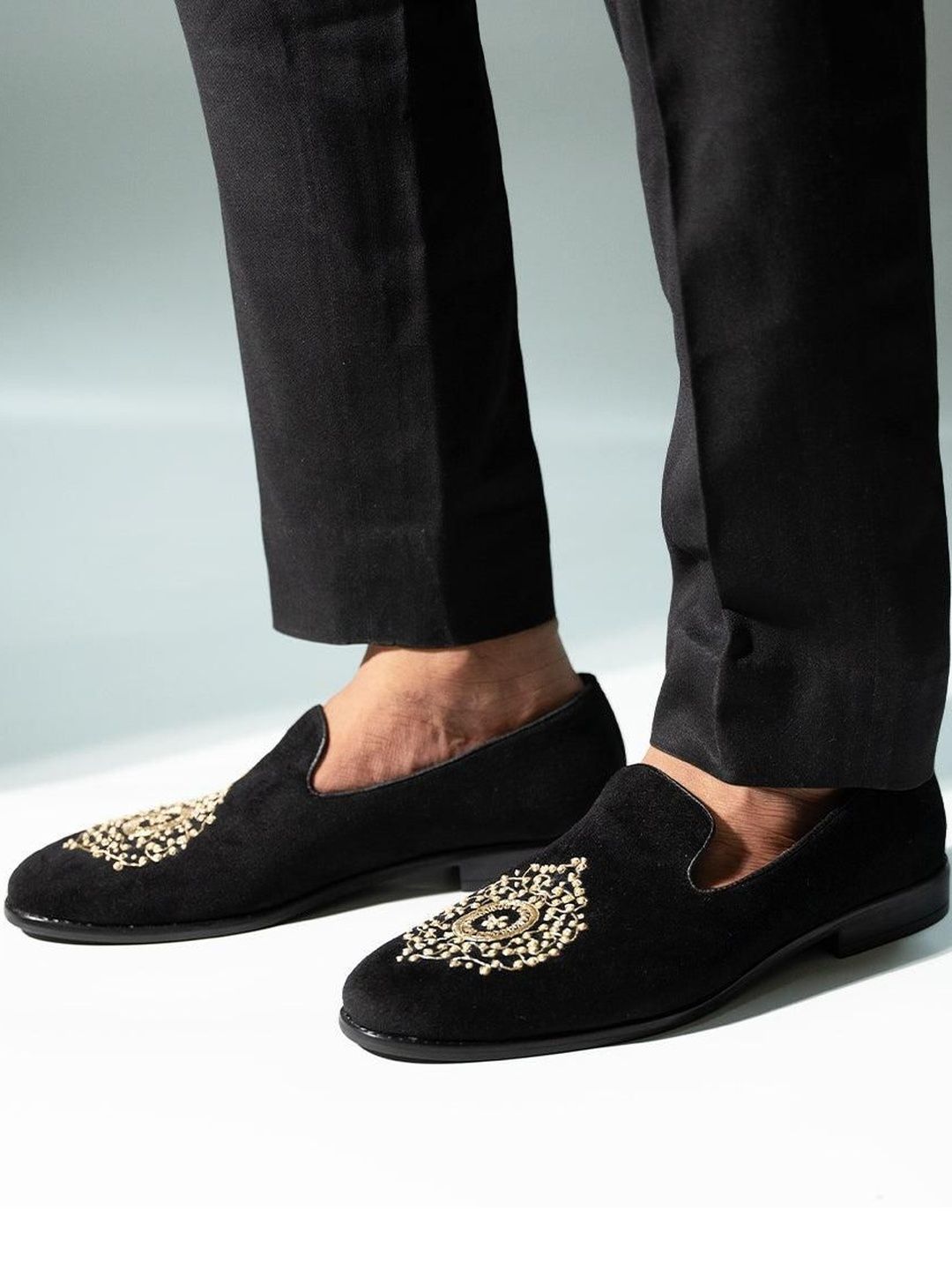 MONKSTORY Maharaja Zardosi Embroidered Slip-Ons - Black