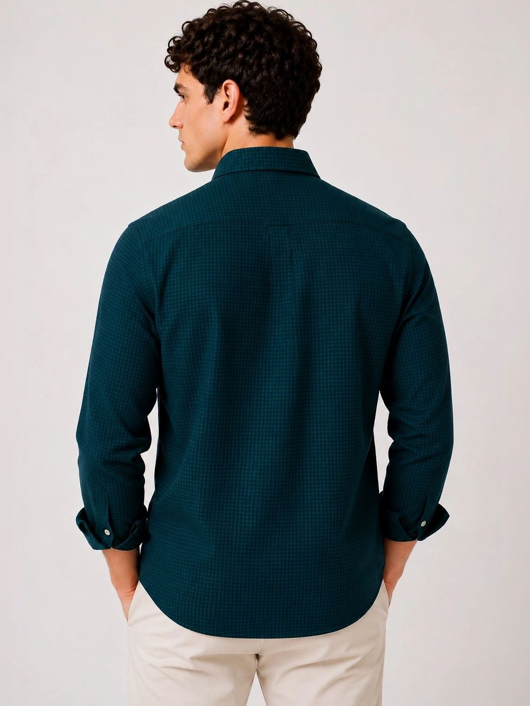 ADRO Men Teal Blue Mini Checked Regular Fit Casual Cotton Shirt