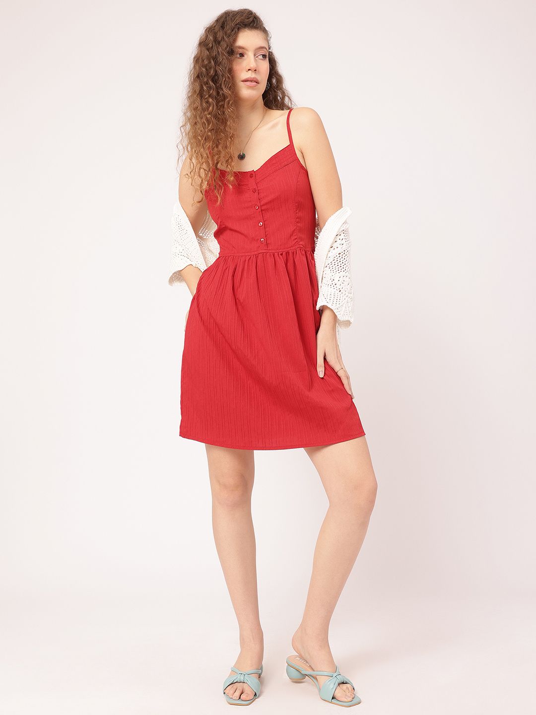 DressBerry Smocked Self-Striped Shoudler Strap A-line Dress