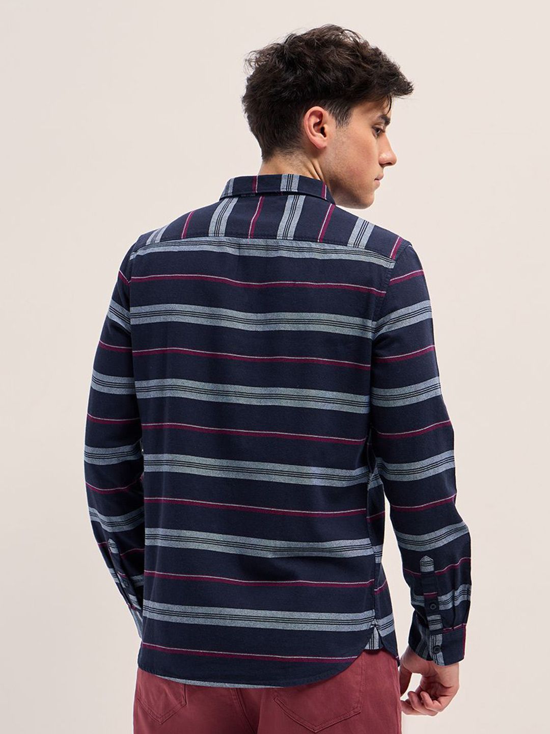 THE BEAR HOUSE Men Button-Down Collar Horizontal Striped Cotton Slim Fit Casual Shirt