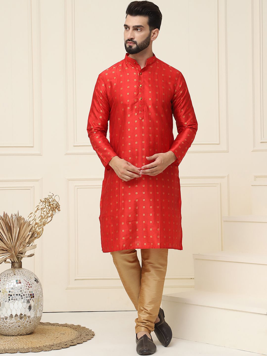 SOJANYA Kurta Kolar Mandarin Rekaan Tenun Geometrik dengan Churidar
