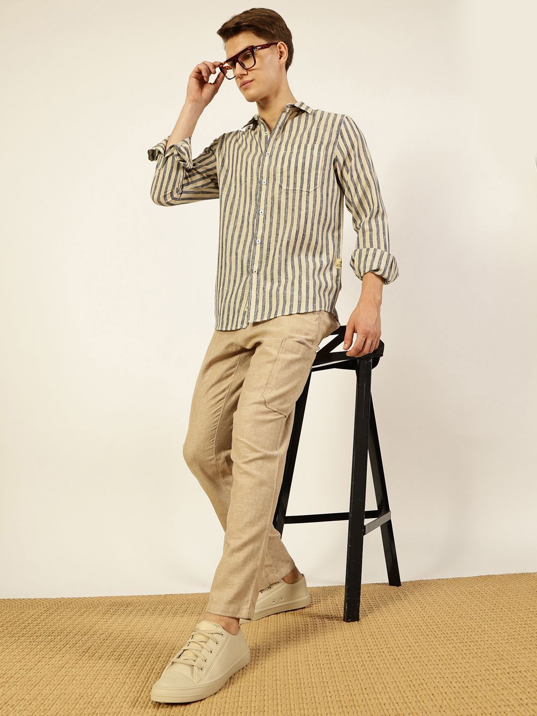 Thomas Scott Men Premium Vertical Striped Linen Slim Fit Casual Shirt