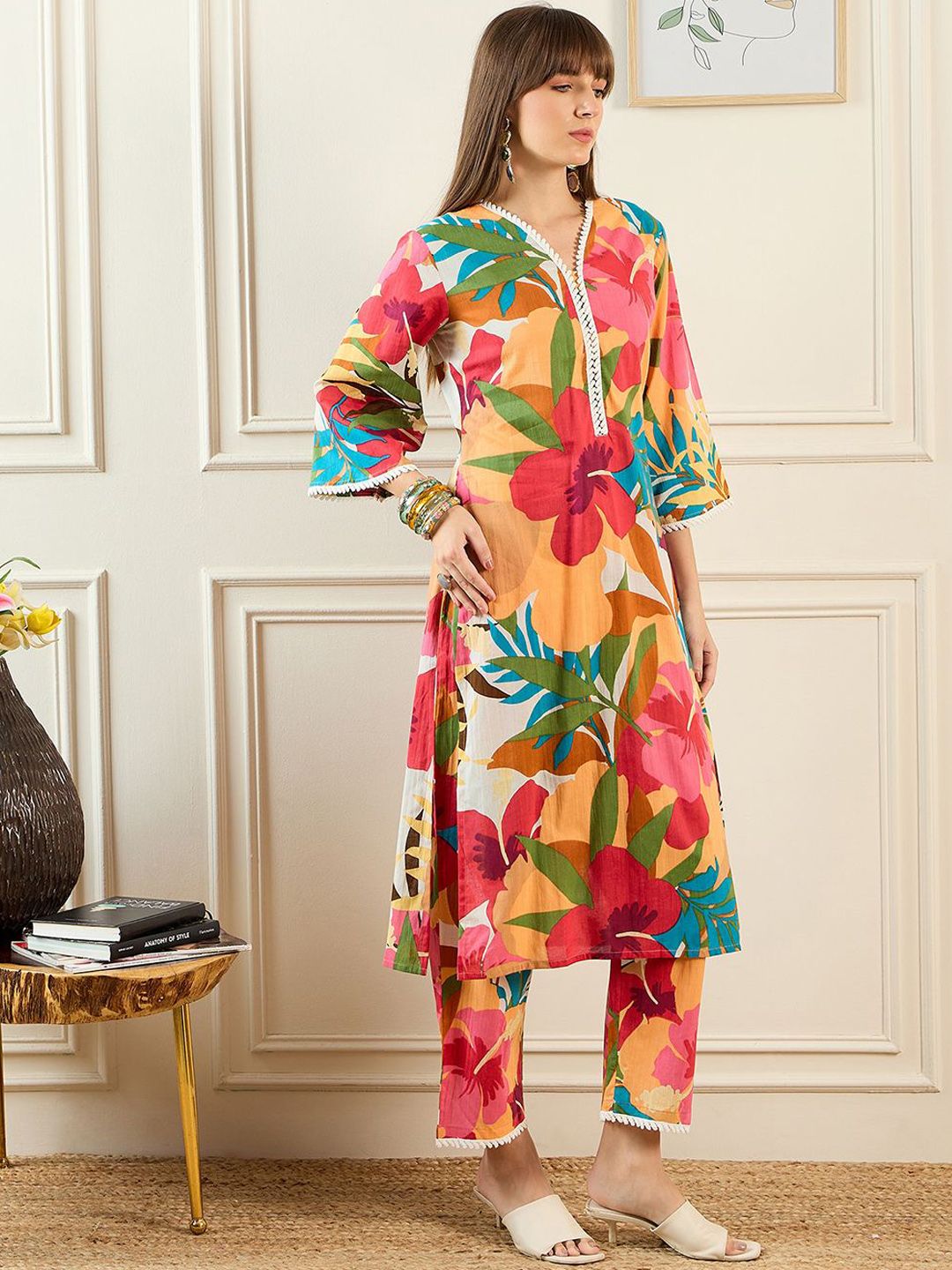 Indo Era Floral Printed V-Neck Pure Cotton Tunic With Trouser
