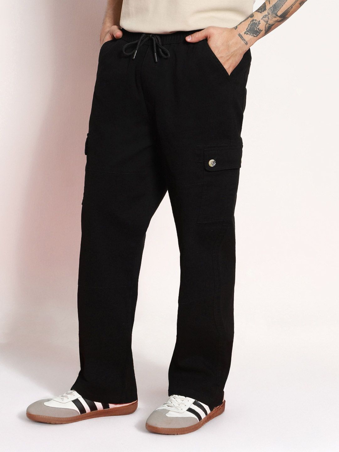 Urbano Fashion Men Black Loose Baggy Fit Cargo Jogger Chino with 6 Pockets Stretchable