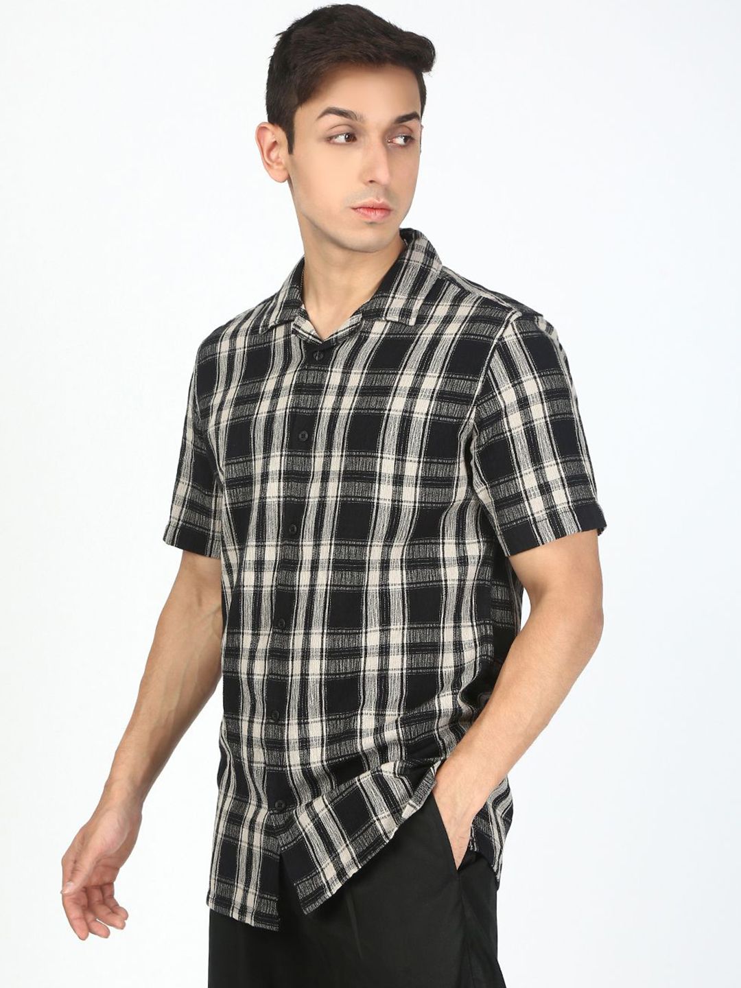 Bene Kleed Men Tartan Checked Cuban Collar Cotton Casual Shirt