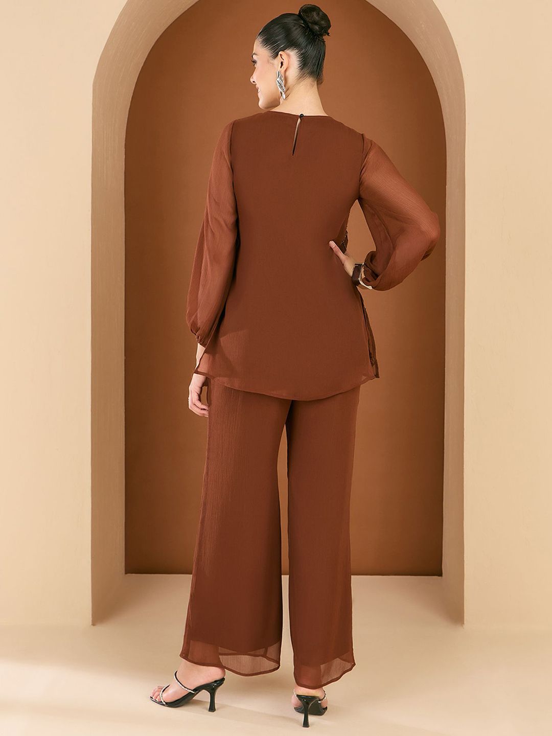 Antheaa Embellished Round Neck Top & Trousers Co-Ords