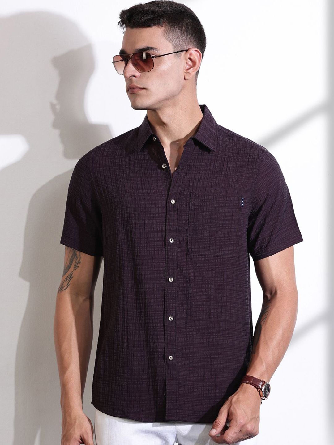 Thomas Scott Men Smart Slim Fit Spread Collar Textured Casual Shirt