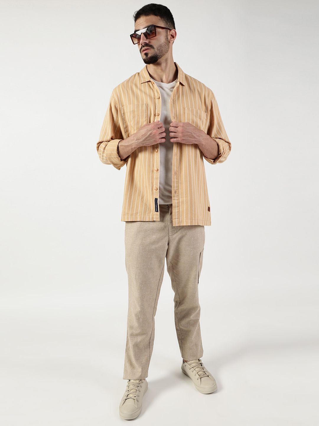 Thomas Scott Men Premium Spread Collar Vertical Striped Cotton Slim Fit Casual Shirt